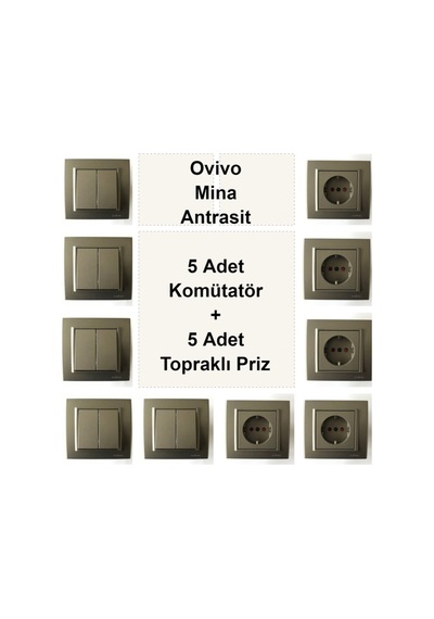 Ovivo Mina Antrasit 5 Adet Komütatör + 5 Adet Topraklı Priz