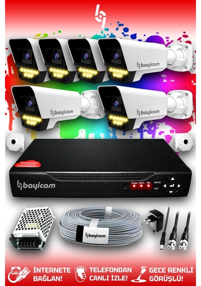 Bayicam 6 Kameralı Süper 6 Dış Kamera Set HDD'siz 5 MP 2K Renkli Gece Görüşlü Güvenlik Kamerası Sistemi