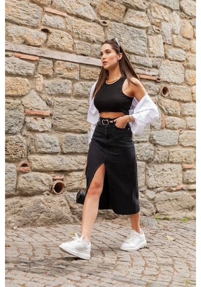 Mode Cool Kadın Yüksek Bel Önden Yırtmaçlı Cepli Midi Kot Etek Siyah