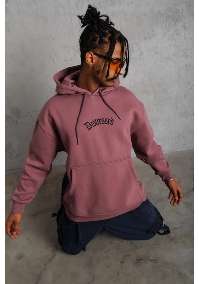 Erkek 3 İplik Pamuklu Kapüşonlu Kanguru Cepli Sweatshirt Hoodie - Gül Kurusu Gülkurusu