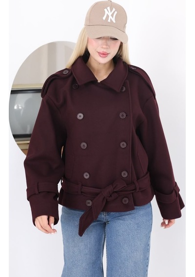 Moda Banuş Kadın Kuşaklı Kruvaze Kaşe Trenç Ceket 2976 Mürdüm