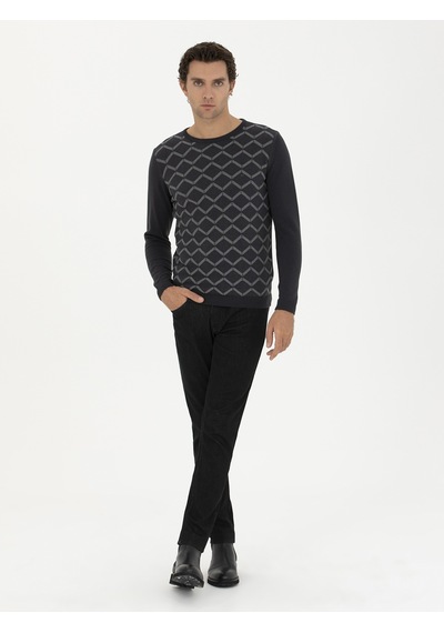 Cacharel Antrasit Slim Fit %100 Pamuk Bisiklet Yaka Triko Kazak Gri