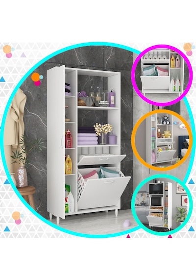 Sepetli Ve Kapaklı Dolaplı Banyo Dolabı Beyaz