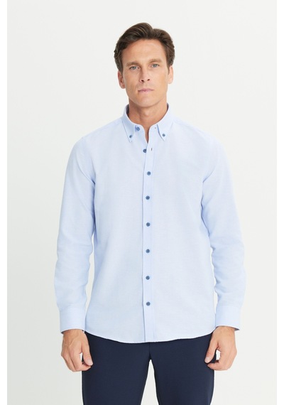 Erkek Acık Mavı Slim Fit Dar Kesim Düğmeli Yaka Pamuklu Gömlek Acık Mavı