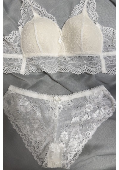 Kadın Üçgen Dantel Bralet Desteksiz Sütyen Takım Ekru
