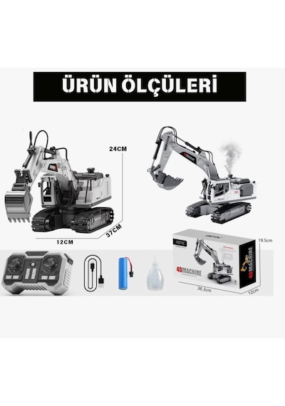 Metal Başlıklı Buharlı 1:18 Ölçekli Uzaktan Kumandalı 10 Fonksiyonlu 2.4 Ghz Oyuncak Ekskavatör Beyaz