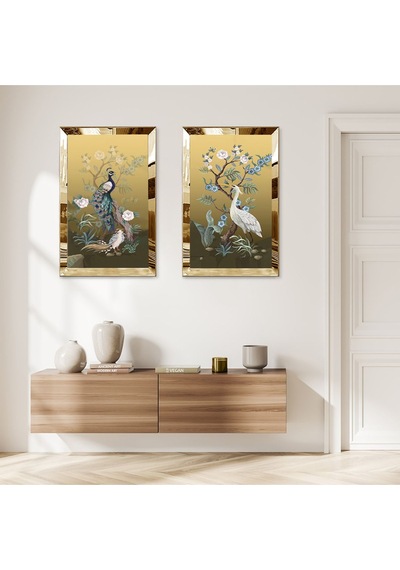 Gold Aynalı Pleksi Çerçeveli Leylekler İkili Mdf Tablo Seti