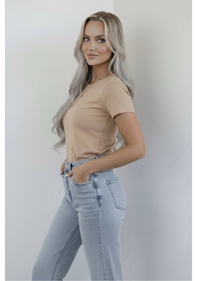 Hashtag Kadın Bisiklet Yaka Kısa Kollu Body Basic Tişört Viskon Kumaş Bej