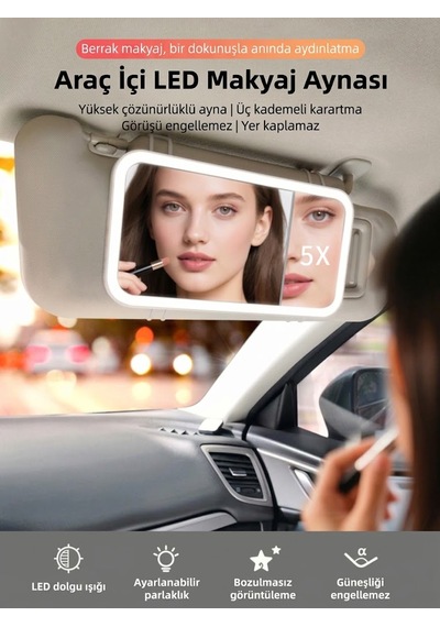 Techtic 5x Büyütmeli Araç İçi Led Işıklı Makyaj Aynası Kısılabilir Dokunmatik Ayna 3 Işık Modu Beyaz