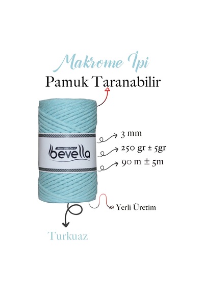 Taranan Makrome Ipi 3mm Tek Büküm Taranabilir Pamuk Makrome Ipi Turkuaz