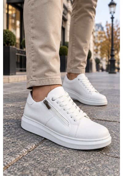Mevese Roirraw Bağcıklı Ve Fermuarlı Cilt Erkek Günlük Sneaker Ayakkabı - Beyaz
