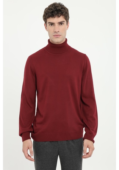 Dufy Erkek Slim Fit Yarım Balıkçı Yaka Bordo Triko-18508