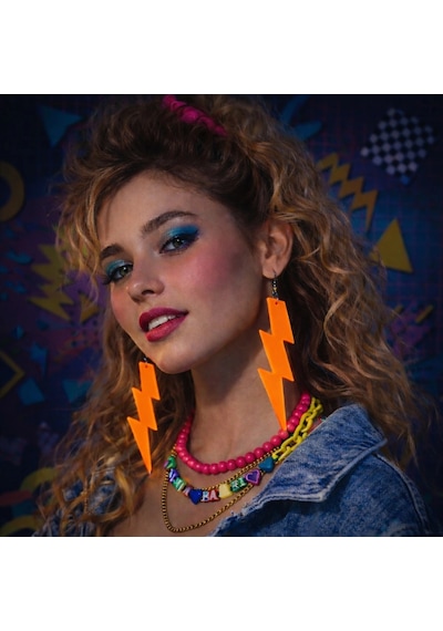 80 Ler 9039lar Retro Neon Turuncu Şimşek Küpe 10 Cm "