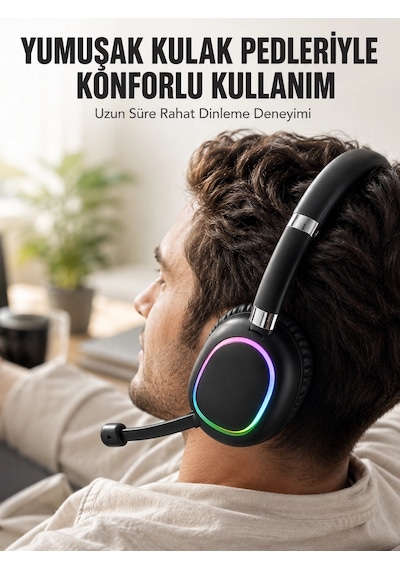 Bluetooth 5.0 Rgb Işıklı Mikrofonlu Kablosuz Kulak Üstü Kulaklık