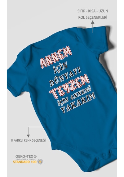 Annem İçin Dünyayı Teyzem İçin Annemi Yakarım Baskılı Bebek Zıbını %100 Pamuk Kısa Kol Koyu Mavi