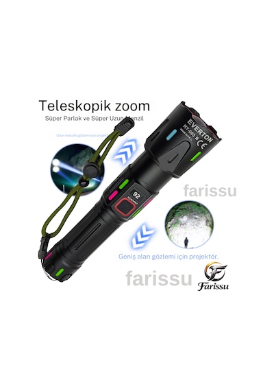 Ultra Güçlü Beyaz Lazer Led El Feneri - 2 Km Menzilli & Powerbank Özellikli Çift Pil Setli Siyah