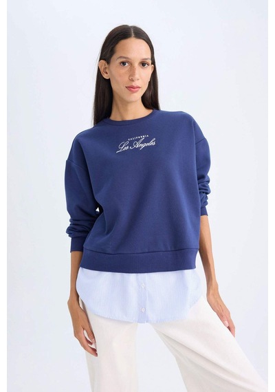 DeFacto Bisiklet Yaka Baskılı Etek Ucu Detaylı Kalın Sweatshirt D5931AX24AUNV42