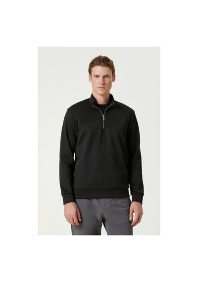 Erkek 3 İplik Pamuklu Uzun Kol Yarım Farmuarlı Yakalı Sweatshirt - Siyah
