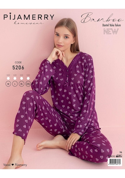 Pijamerry Kadın Bambu Baharlık Dantel Yaka Uzun Kol İnce Pijama Takımı 5206m - 1 Adet Mor