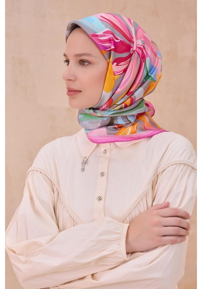 Belli Twill İpek Eşarp - 4107-34 Gri Pembe Gri Pembe