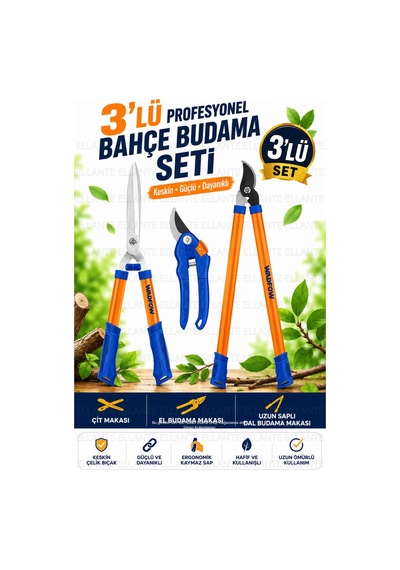 3'lü Profesyonel Bahçe Budama Seti Çit Makası El Budama Makası Uzun Saplı Dal Budama Makası Ergonomi