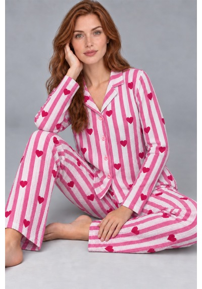 Womanandkids Night Pembe Kadın Uzun Kollu Gömlek Yaka Çizgili Kalpli Pijama Takımı 4770