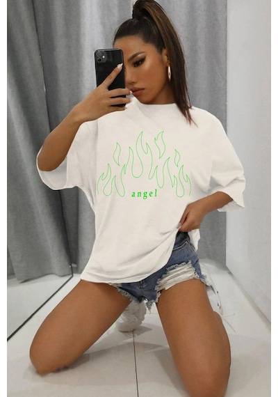 Green Angel Baskılı T-shirt Beyaz