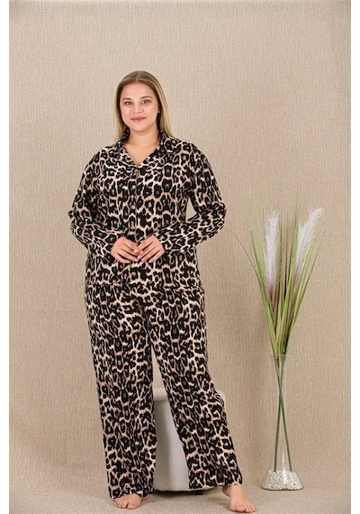 Angbutik Büyük Beden Leopar Desenli Düğmeli Uzun Kol Viskon Pijama Takımı
