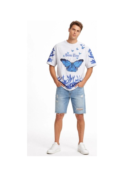 Barlashive Erkek Asit Yıkamalı Oversize Tişört Bisiklet Yaka Kısa Kol T-shirt - Beyaz Çok Renkli