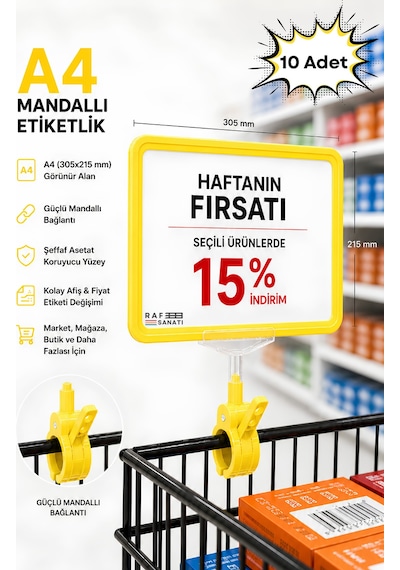 10 Adet - A4 Mandallı Fiyatlık Etiketlik Sepet Raf Askılık Fiyat Etiketi Çerçeveli Market Mağaza Sarı