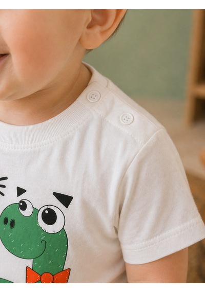 Durukoza Erkek Bebek Dinozor Baskılı Şortlu Takım %100 Pamuk Yazlık Omuz Düğmeli Beyaz - Yeşil