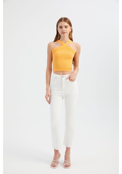 Hiccup Askılı Boyun Çapraz Ön Crop Top Turuncu