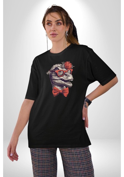 Kırmızı Gözlük Papyon Dinazor Pamuklu Bisiklet Yaka Unisex Oversize Boyfriend Dijital Baskılı Siyah T-shirt Siyah