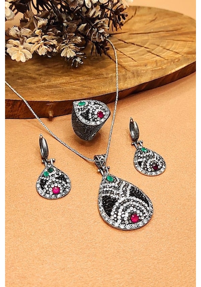 Kadın 925 Ayar Gümüş Set Zirkon Taşlı Kolye Küpe Yüzük Aks-2059