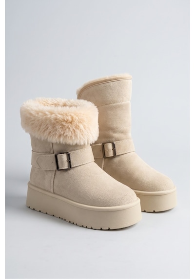 Tokalı İçi Kürklü Süet Görünümlü Bot Krem