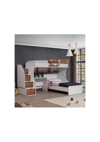 Ranza, Aura Ranza Karyola Masa 3 Kapaklı Dolap + 2 Comfort Yatak Beyaz - Ceviz 90 X 190 CM Ranza, Aura Ranza Karyola Masa 3 Kapaklı Dolap + 2 Comfort Yatak Beyaz - Ceviz 90 X 190 CM