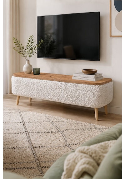 Sandıklı Tv Ünitesi Teddy Kumaş Kaplamalı Ahşap Ayaklı Modern Tv Ünitesi Sarven Beyaz