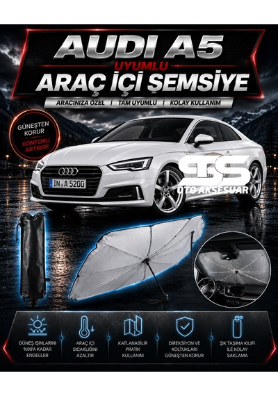 Audi A5 Araç Ön Cam Güneşliği Katlanabilir Şemsiye Oto Güneşlik Uv Korumalı Gölgelik Araba Oto Şemsiyesi