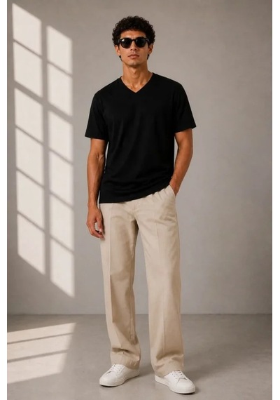 Efnaz Style Erkek V Yaka Basic Tişört Kısa Kol Yazlık Regular Fit T-shirt - Siyah