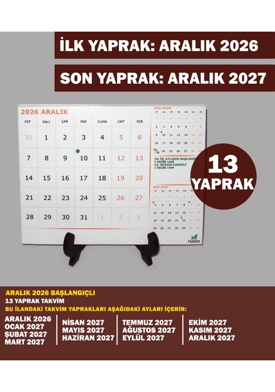 Aralık 2026 - Aralık 2027 Yılı Masa Takvimi 13 Yaprak Takvim Hicri Dini Günler Resmi Tatiller