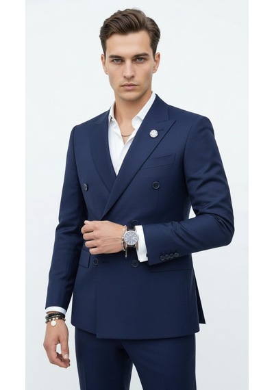 Plus Scorpion Gold Düğmeli Kruvaze Erkek Blazer Ceket Premium Kumaş, Slim Fit Şıklık Açık Lacivert