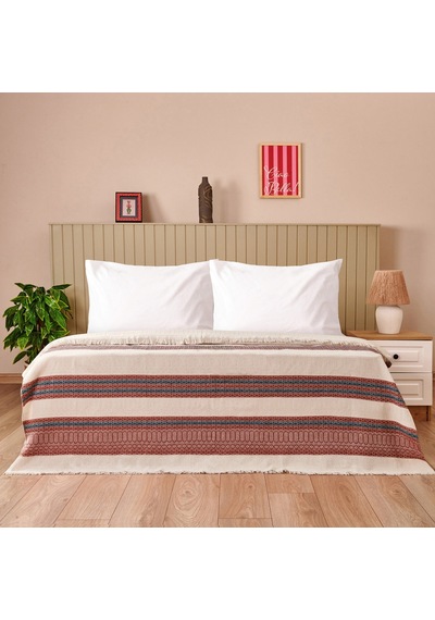 Soft Marun Çift Kişilik Yatak Örtüsü - Ekru / Kırmızı - 200x230 Cm Çok Renkli