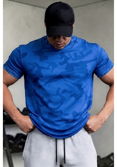 Serablanka Erkek Nem Emici Hızlı Kuruma Atletik Teknik Kamuflaj Desenli Spor T-shirt Mavi