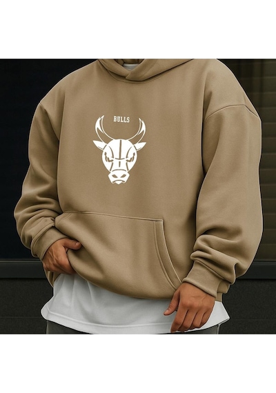 Benroma 3 İplik Penye Chıcago Bulls Baskılı Sweatshırt Bej