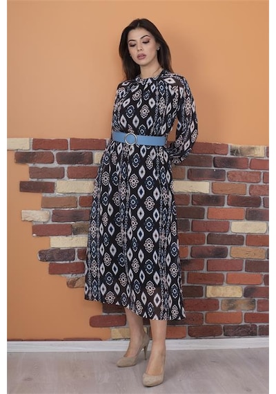 Neşeli Butik Kadın Kemerli Yaka Detaylı Uzun Şifon Elbise Ry0032 Siyah/mavi