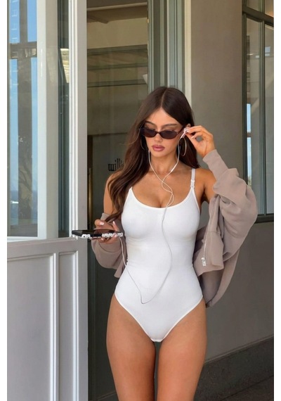 Kadın Slip Kalıp Beyaz Body Örme Orta Destek