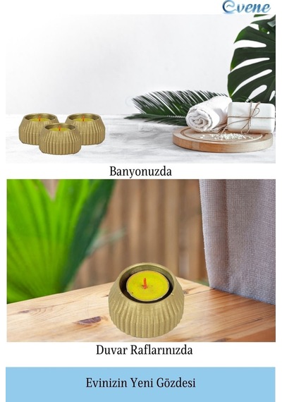Mumluk Şamdan 3 Adet Tealight Uyumlu Çizgili Model - Altın
