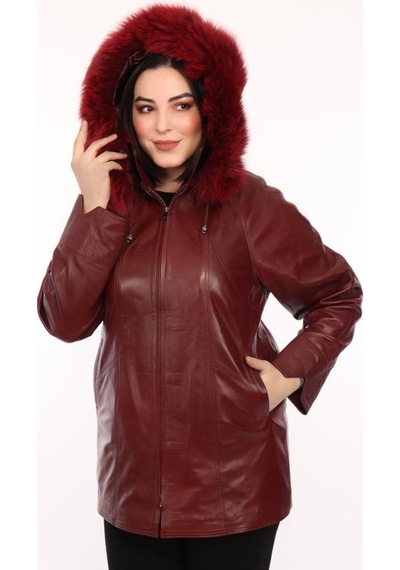 Hakiki Kuzu Derisi Fermuarlı Kürklü Kadın Ceket Bordo Ceket Bordo