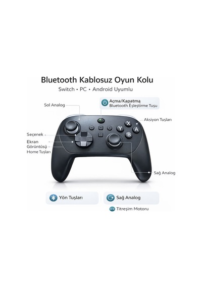 Kablosuz Switch Uyumlu Oyun Kolu Bluetooth Titreşimli Ergonomik Gamepad Pc Android Uyumlu