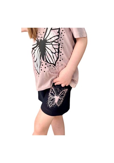 Riccotarz Kız Çocuk Kara Kalem Kelebek Baskılı Penye Pudra T-shirt Şortlu Takım Pudra